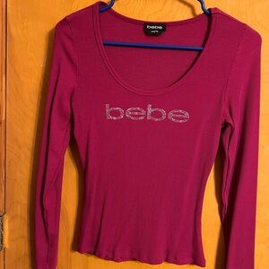 Crystal Rhinestone Bebe long sleeve scoop neck Top Raspberry Radiance